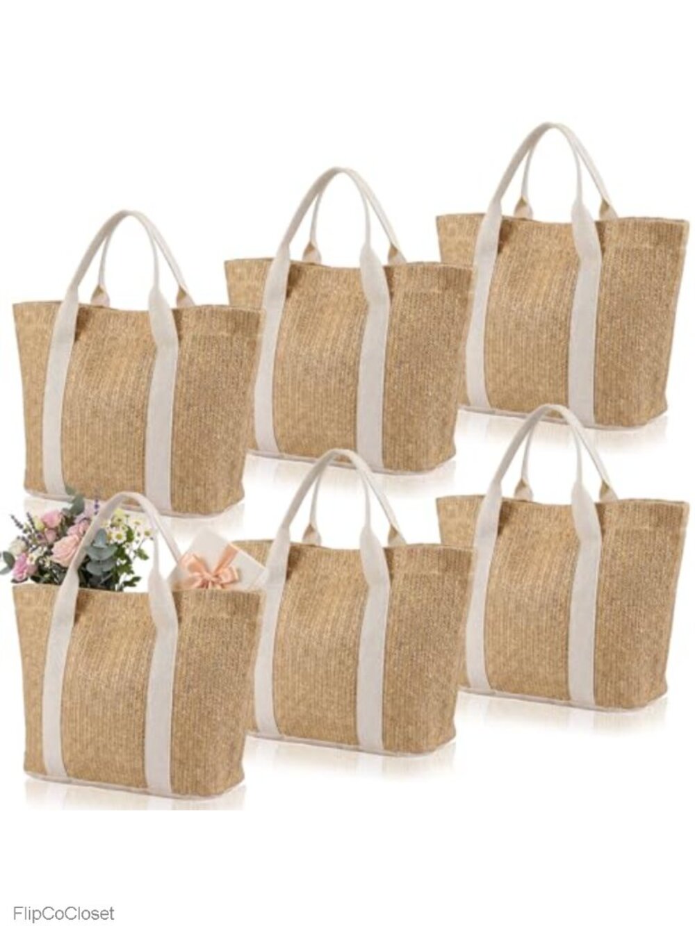 Set of 6 Handwoven Burlap Beach Straw Tote Bags for Bridesmaid Party